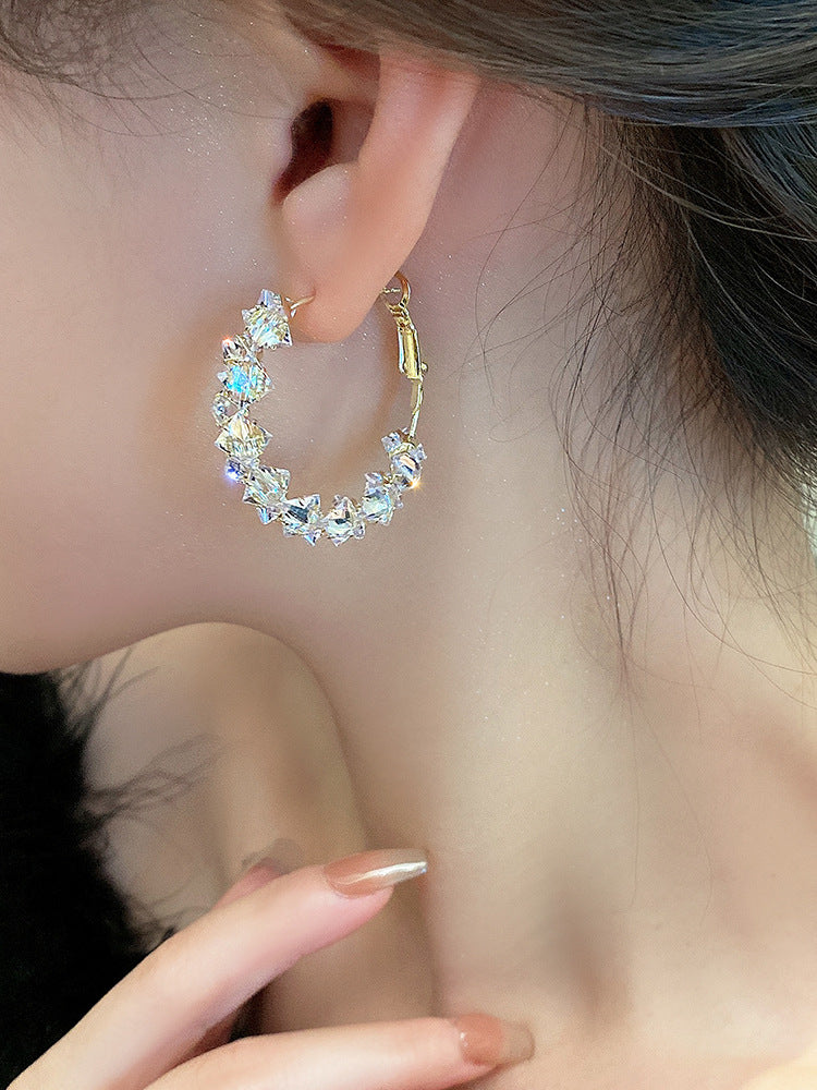 Dainty C-Shape Hoop Earrings, Full Paved Multi-Faceted Cubic Zirconia Crystal Oval Huggie Earrings Gold Plated Sparkly Statement Earrings for Women Wedding Party Dating