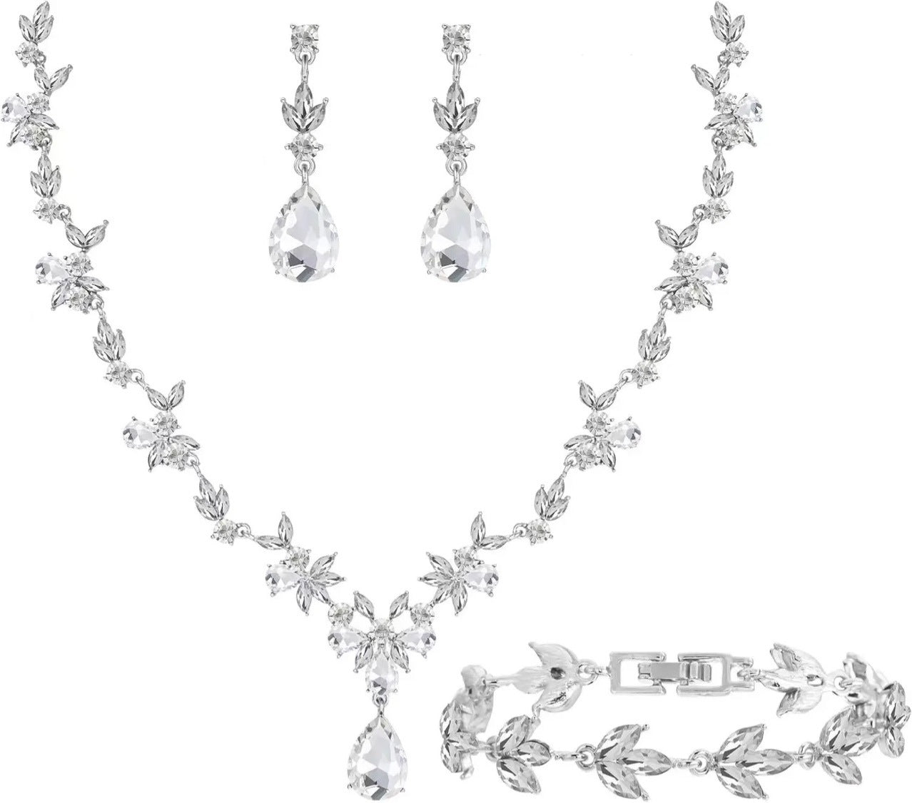 Crystal Floral Jewelry Set: Necklace, Earrings & Bracelet