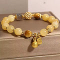 Vintage Golden Money Swallow Beast Bracelet with Hollow Ornate Ball, Natural Topaz & Grey Moonstone Tiger Eye Beaded Bracelet, Wealth Luck Crystal Jewelry Gift for Women