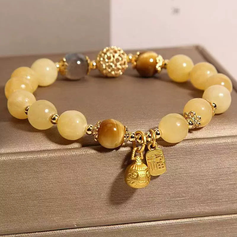 Vintage Golden Money Swallow Beast Bracelet with Hollow Ornate Ball, Natural Topaz & Grey Moonstone Tiger Eye Beaded Bracelet, Wealth Luck Crystal Jewelry Gift for Women