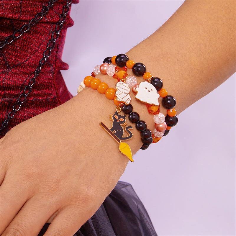 Halloween Cute Ghost Pumpkin Charm Beaded Bracelet Set, 3Pcs Stackable Enamel Charm Stretch Bracelets Witch Bat Mummy Jewelry For Women Kids Party