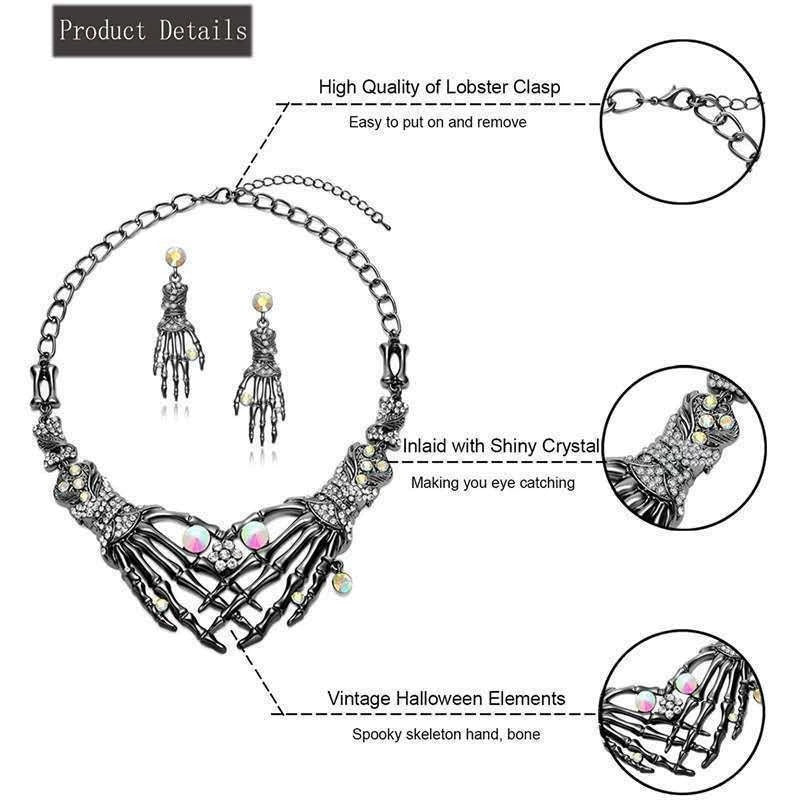Halloween Gothic Rhinestone Skeleton Hand Jewelry Set, Interlaced Skull Bone Statement Necklace & Drop Earrings, Dark Punk Alloy Costume Accessories for Women