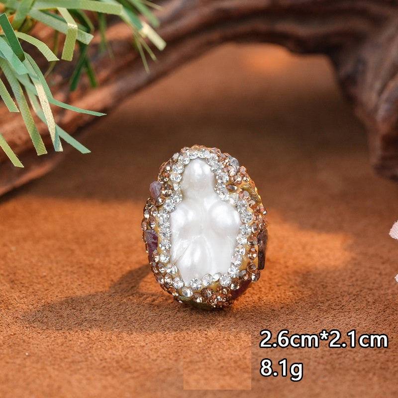 Hand Inlaid Baroque Pearl Tourmaline 3Pcs Jewelry Set Irregular Freshwater Pearl Long Sweater Chain Drop Earrings Statement Ring Gold Plated Vintage Women Gift