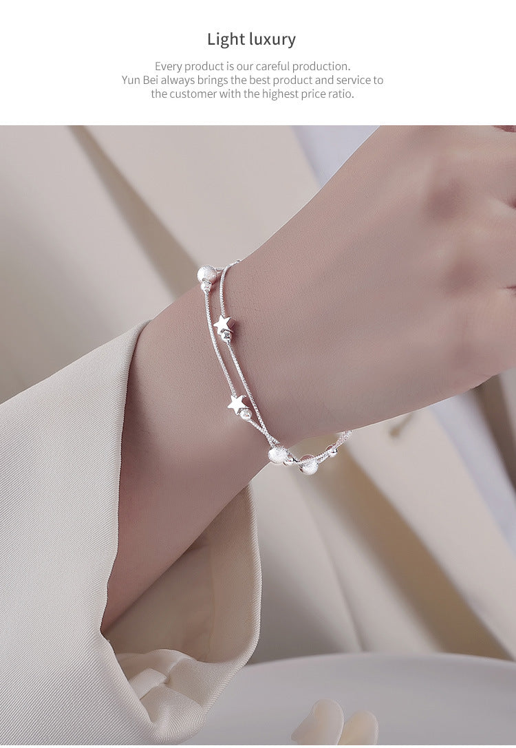 S925 Sterling Silver Double Layer Star Bracelet, Dainty Two-Strand Snake Chain Wrist Bracelet with Matte Frosted Beads & Tiny Star Charms Adjustable Extension Chain for Women Minimalist Daily Jewelry Gift
