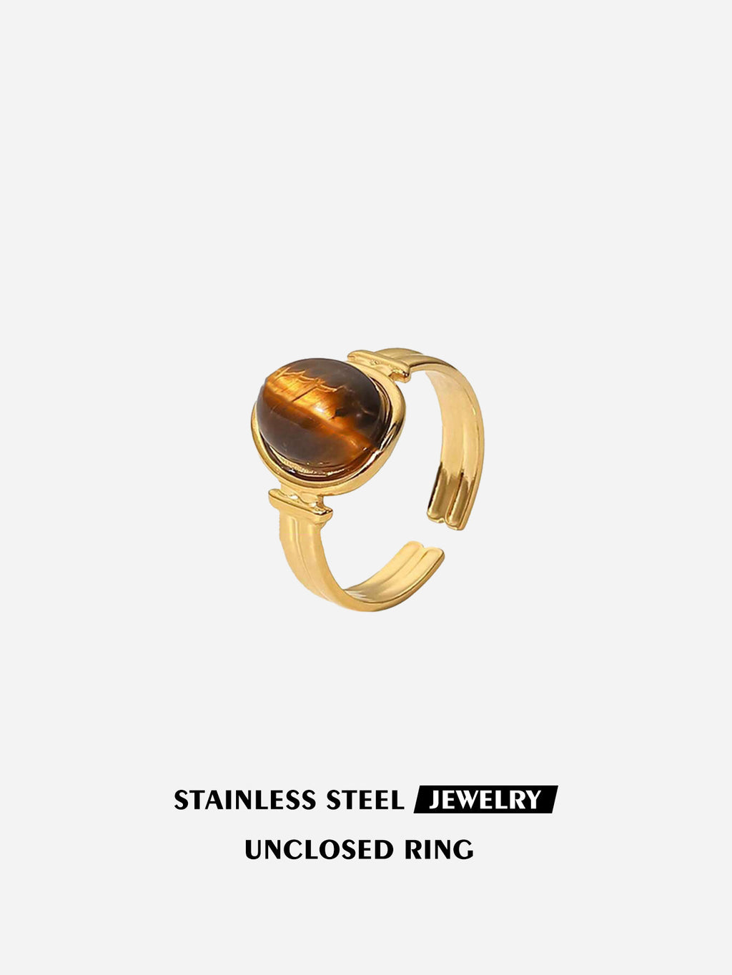 Vintage Natural Stone Stainless Steel Open Adjustable Ring, 18K Gold Plated Tarnish Resistant Gemstone Stackable Ring For Women