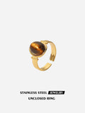 Vintage Natural Stone Stainless Steel Open Adjustable Ring, 18K Gold Plated Tarnish Resistant Gemstone Stackable Ring For Women