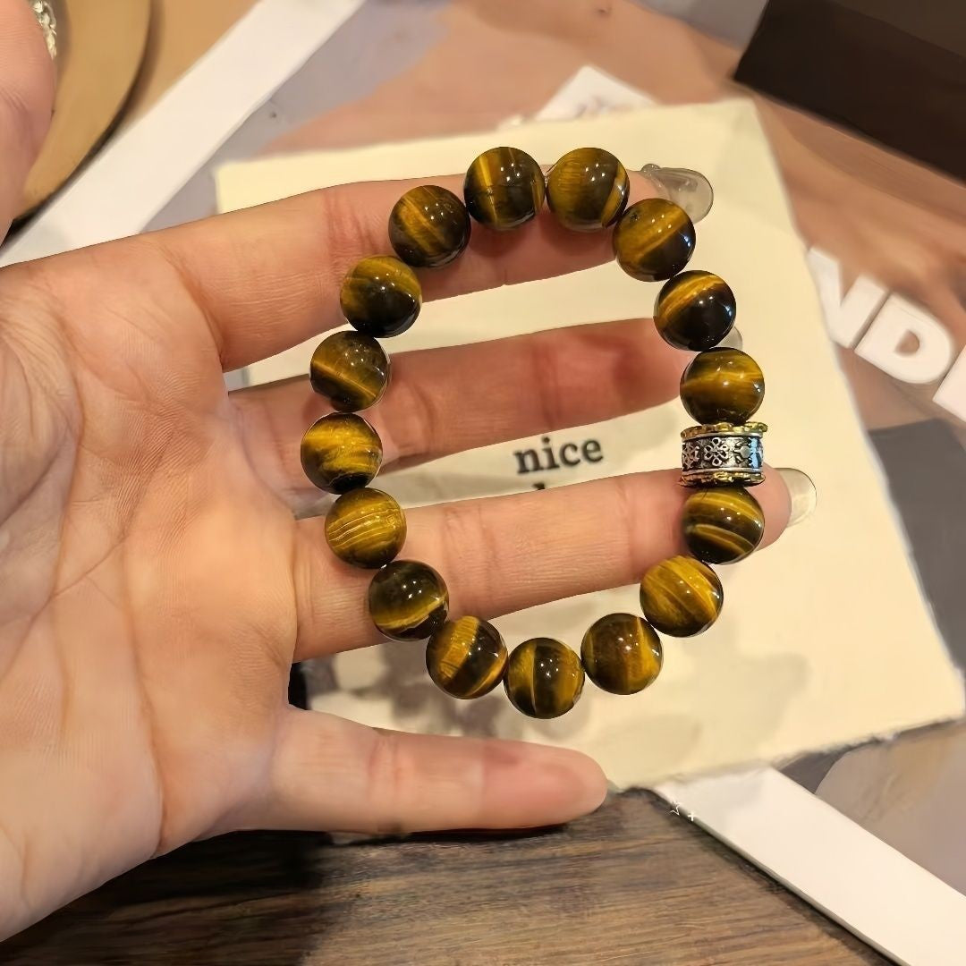 Wealth Luck Tiger Eye & Golden Obsidian Bracelet for Men Women, Black Obsidian Protection Beaded Bracelet with Tibetan Mantra Charm, Good Fortune Crystal Amulet Jewelry Gift for Business & Daily Wear
