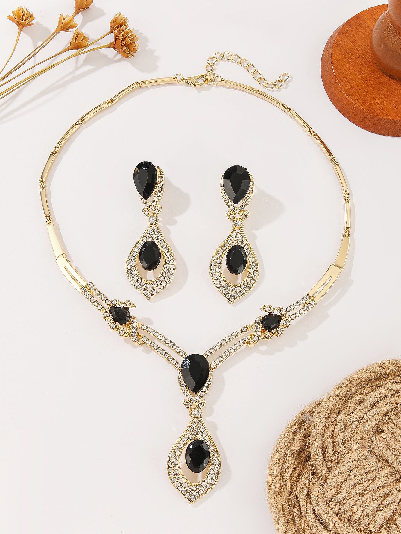 Teardrop Black Crystal Rhinestone Y Drop Necklace & Dangle Earring Set