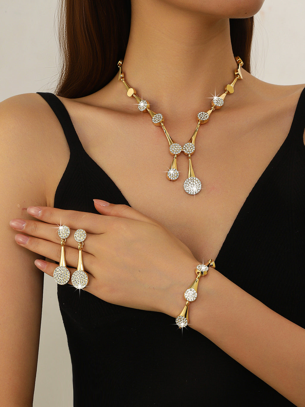3Pcs Round Pave CZ Jewelry Set | Necklace + Drop Earrings + Bracelet, Hypoallergenic Gold/Silver Plated