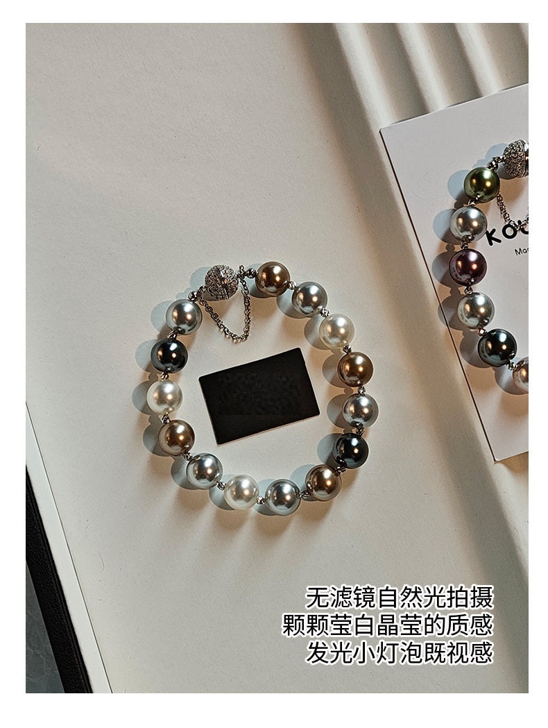 Multi-Color Tahitian Aurora Imitation Pearl Beaded Bracelet, Anti-Lost Magnetic Clasp Mixed Tone Glossy Pearl Stack Wrist Bracelet for Women Wedding Party Elegant Daily Jewelry
