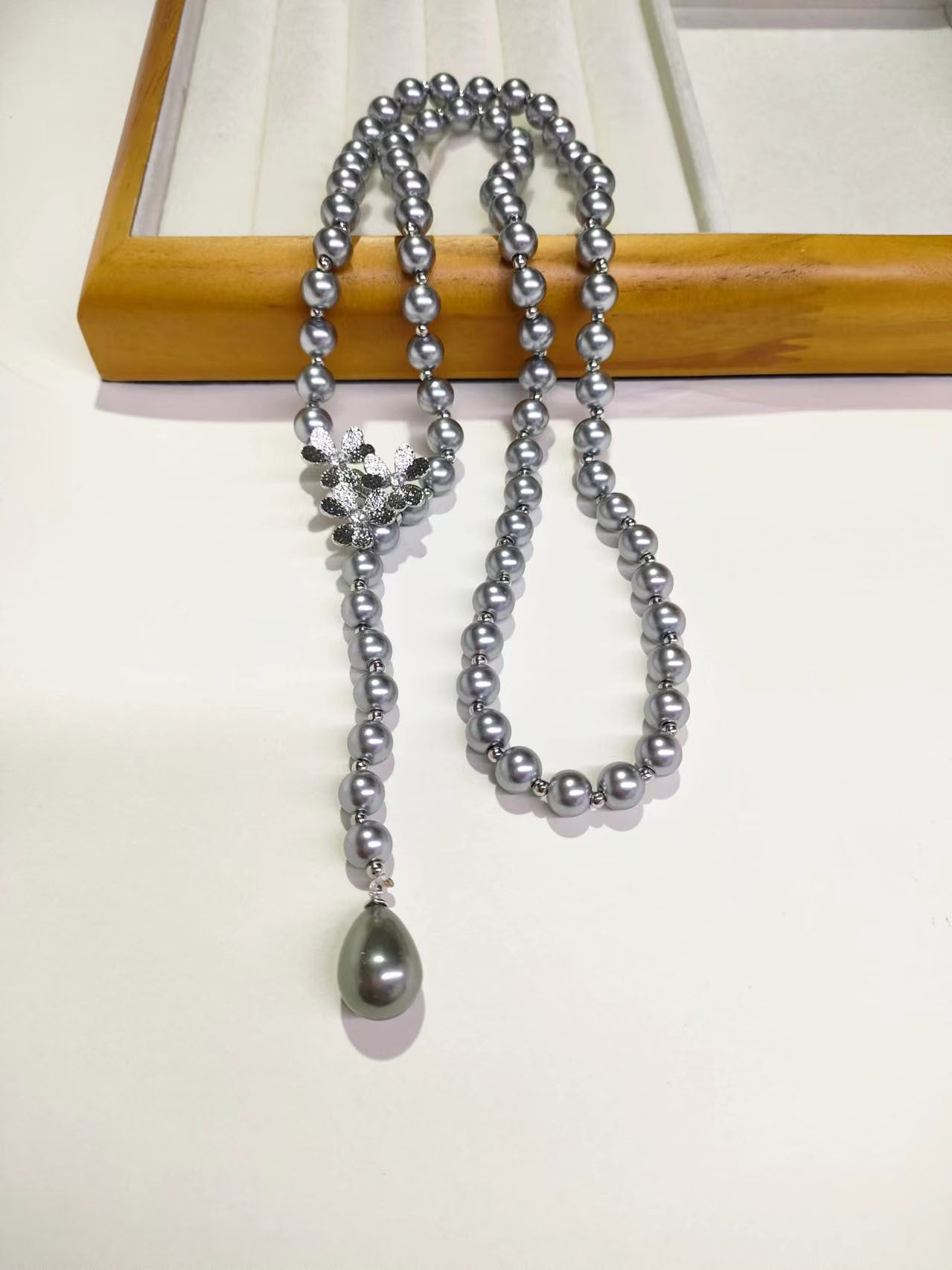 Long White Grey Imitation Pearl Sweater Necklace Silver Flower Clasp Teardrop Pendant Women Layering Jewelry