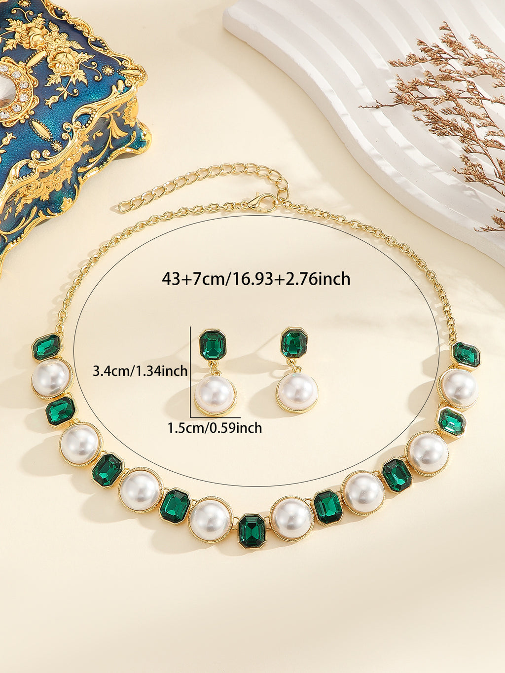 Conjunto de joyas de collar y pendientes de perlas de dos tonos y cristal octogonal vintage