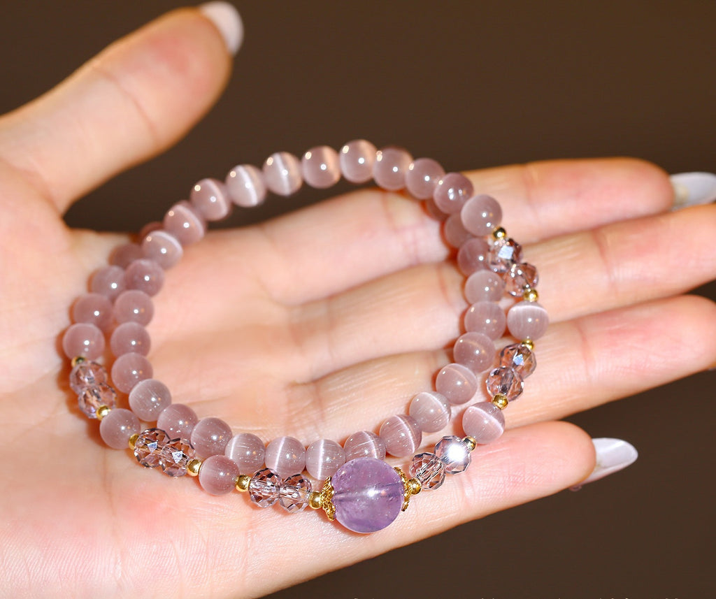 Double Layer Purple Cat’s Eye Beaded Stretch Bracelet, Natural Amethyst Focal Crystal Stackable Wrist Bracelet Dainty Feminine Jewelry for Women Daily Office Wear