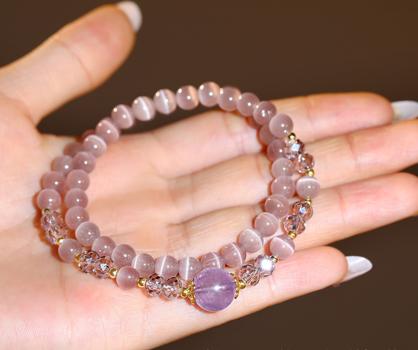 Double Layer Purple Cat’s Eye Beaded Stretch Bracelet, Natural Amethyst Focal Crystal Stackable Wrist Bracelet Dainty Feminine Jewelry for Women Daily Office Wear