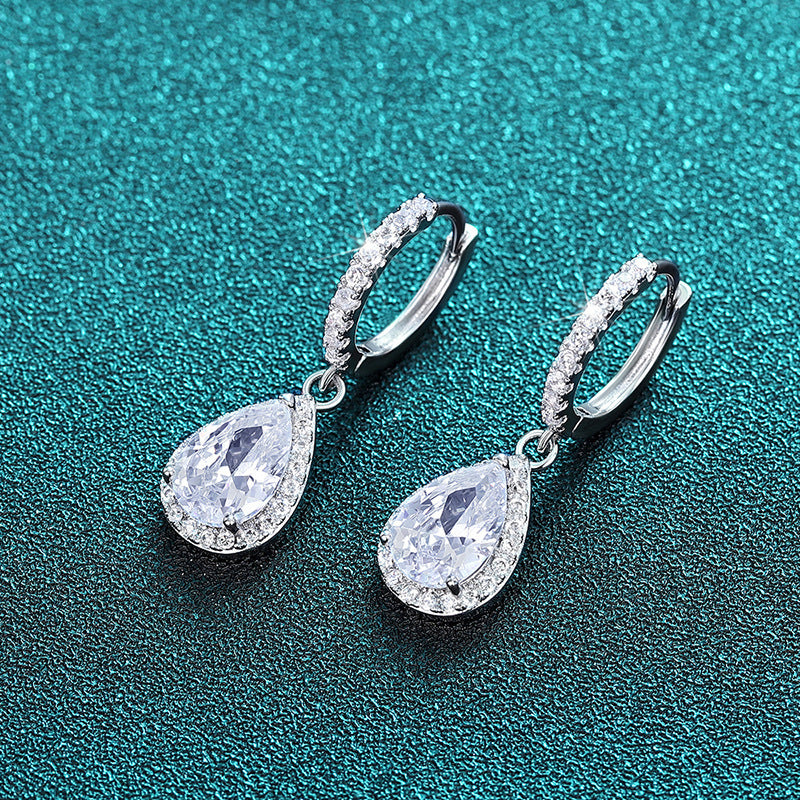 Pear Teardrop Cubic Zirconia Halo Huggie Drop Earrings Silver Tone Bridal Wedding Dangle Jewelry For Women
