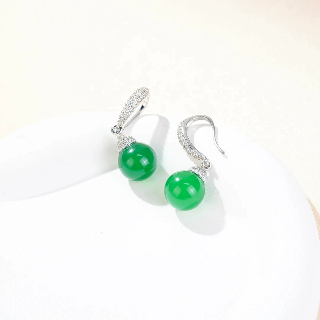 Vintage Natural Green Agate Chalcedony Ball Drop Earrings Paved Clear CZ Hook Dangle Earrings Silver Plated Chinese Style Elegant Daily Wedding Jewelry For Women