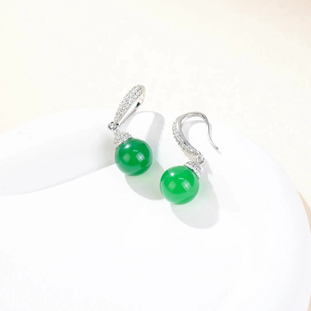 Vintage Natural Green Agate Chalcedony Ball Drop Earrings Paved Clear CZ Hook Dangle Earrings Silver Plated Chinese Style Elegant Daily Wedding Jewelry For Women