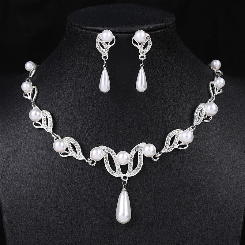 Juego de Joyas de Circonita Cúbica con Perlas en Forma de Lágrima, Chapado en Oro y Plata, Collar con Hoja Hueca y Pendientes de Gota con Diamantes de Imitación, Hipoalergénico, para Mujeres, Bodas, Novias, Joyería Formal