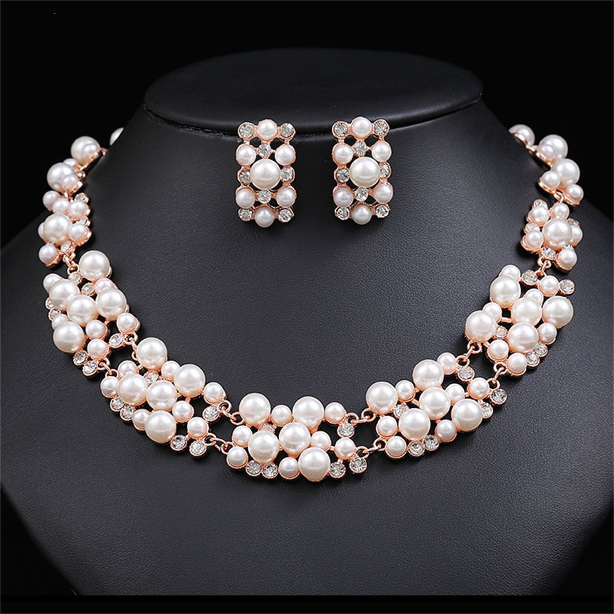 Multi-Size Faux Pearl Rhinestone Choker Jewelry Set, Necklace & Stud Earrings