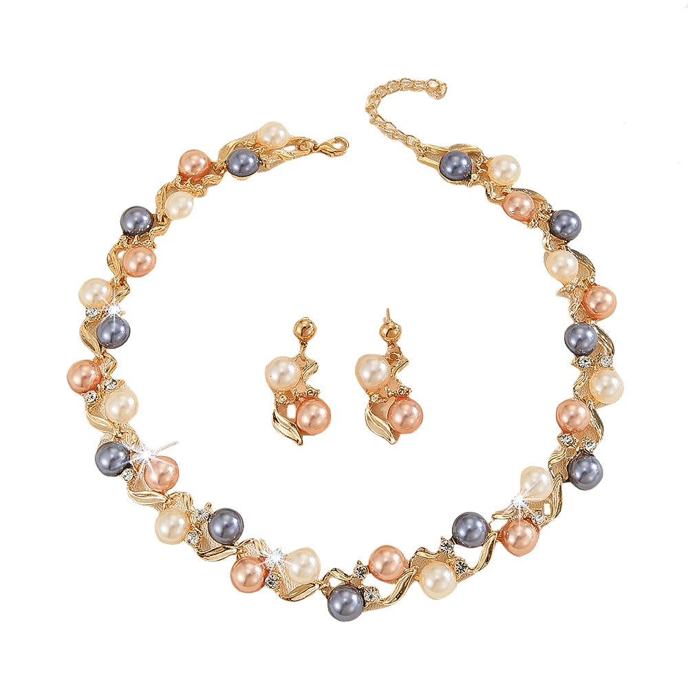 Multicolor Faux Pearl Crystal Jewelry Set, Leaf Shape Silver/Gold Plated Choker Necklace & Drop Earrings Hypoallergenic Formal Jewelry