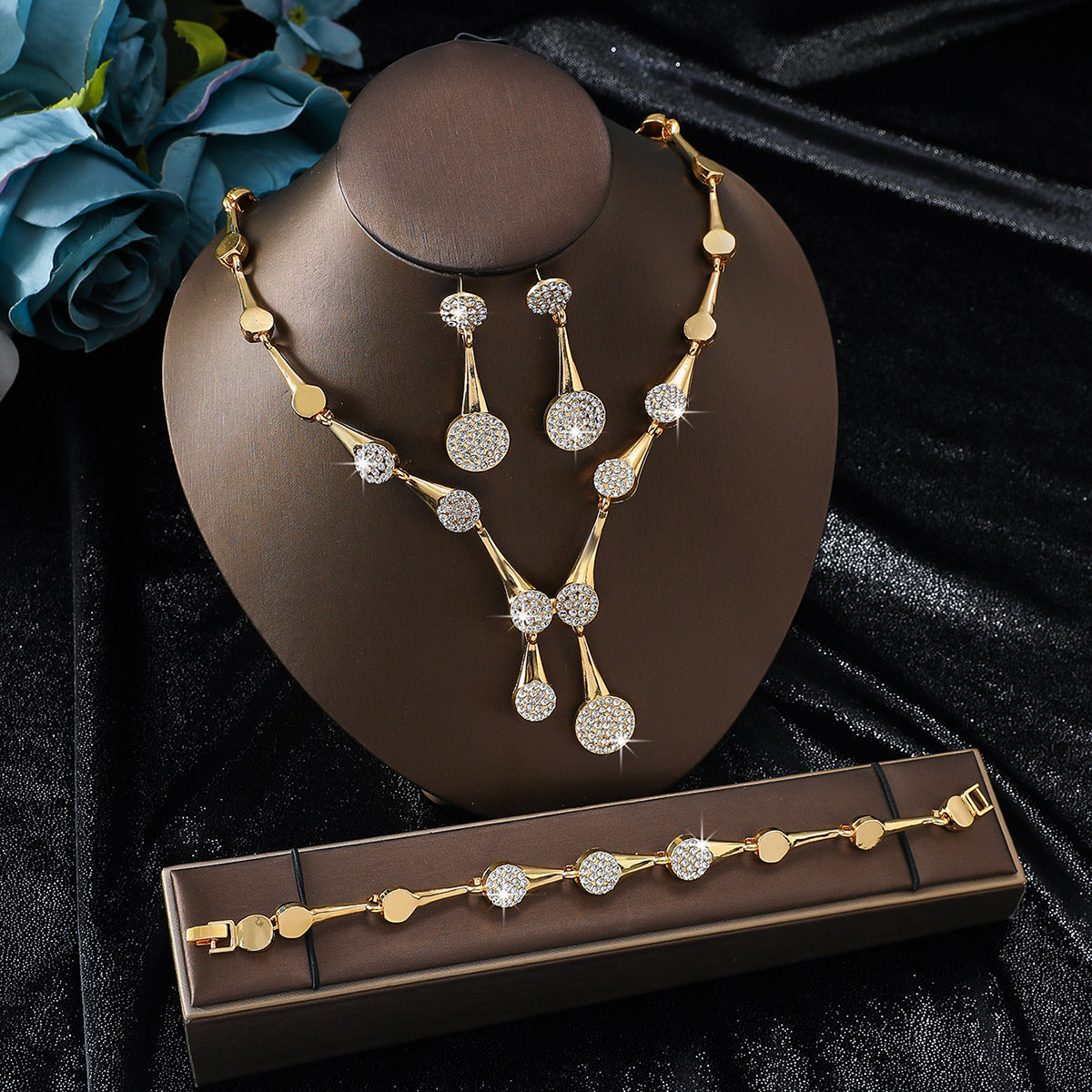 3Pcs Round Pave CZ Jewelry Set | Necklace + Drop Earrings + Bracelet, Hypoallergenic Gold/Silver Plated