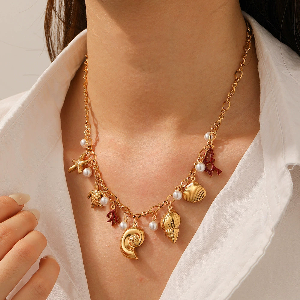 18K Gold Plated Stainless Steel Ocean Theme Charm Necklace, Adjustable Boho Sea Turtle Starfish Shell Pearl Pendant Necklace For Women