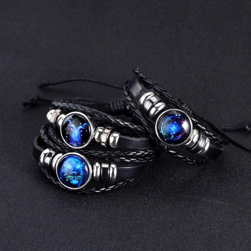 12 Constellation Luminous Braided Leather Bracelet, Adjustable Zodiac Sign Glow In The Dark Wristband For Men Women