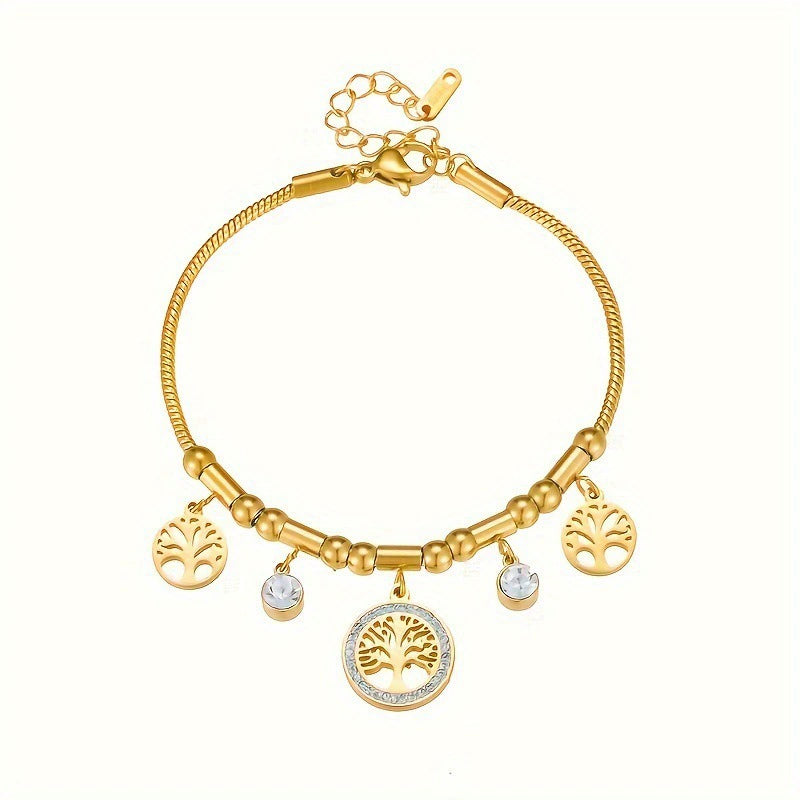 18K Gold Plated Stainless Steel Tree of Life Charm Bracelet, Tarnish Resistant Dainty Crystal Snake Chain Adjustable Bracelet For Women