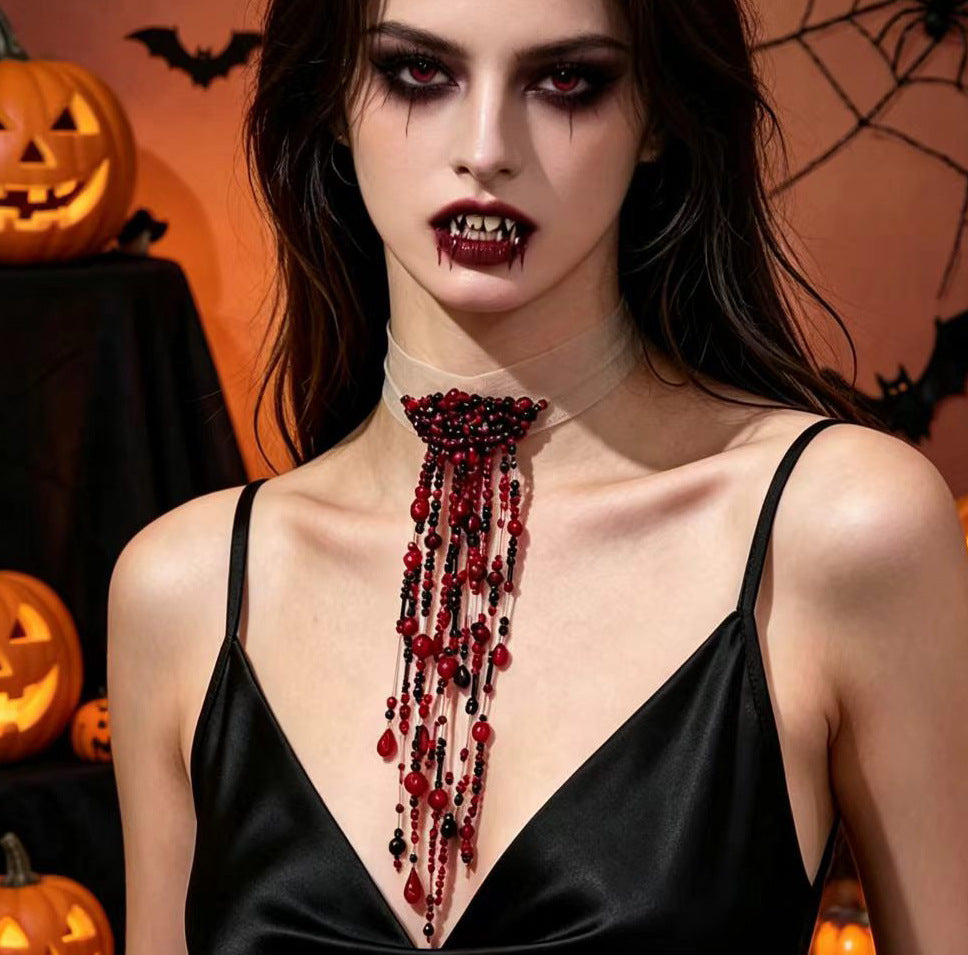 Gothic Blood Red Waterfall Tassel Choker, Vampire Beaded Drop Necklace, Dark Halloween Costume Accessory, Black Red Teardrop Crystal Fringe Choker for Cosplay Party