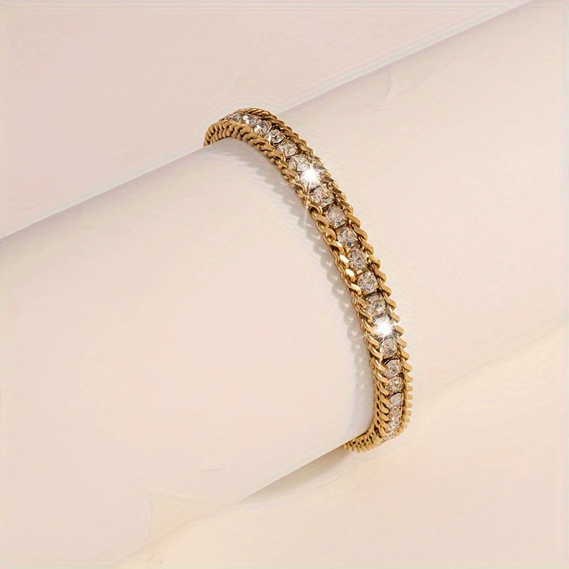 Gold Plated Cuban Link Color Zircon Bracelet, Stainless Steel Hypoallergenic Adjustable Trendy Bangle