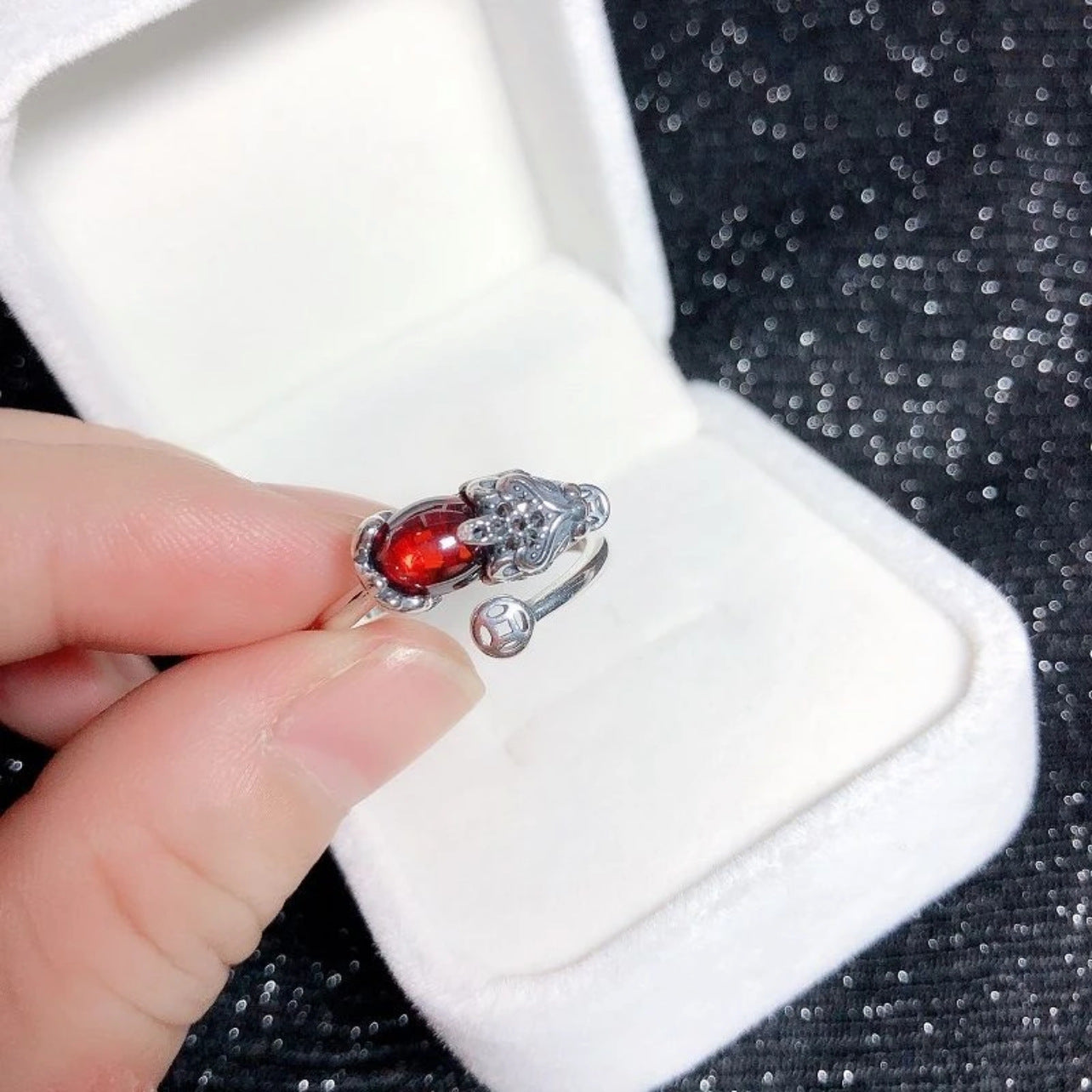Vintage Pixiu Garnet Open Adjustable Ring, Chinese Lucky Coin Wealth Feng Shui Silver Tone Ring for Women Men