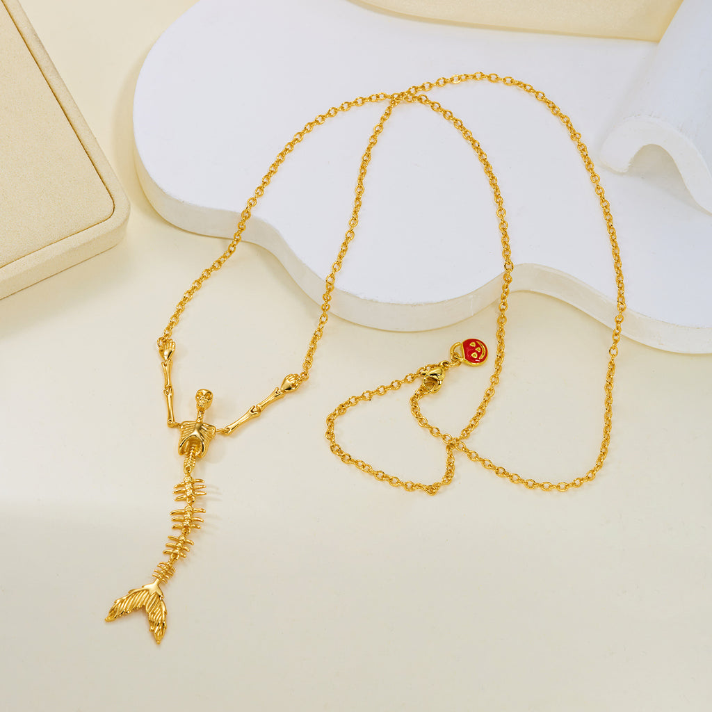 Halloween Golden Skeleton Mermaid Jewelry Set, Skull Mermaid Skeleton Necklace & Dangle Earrings, Pumpkin Smile Face Gothic Mermaid Bone Jewelry, Spooky Halloween Costume Accessory for Women