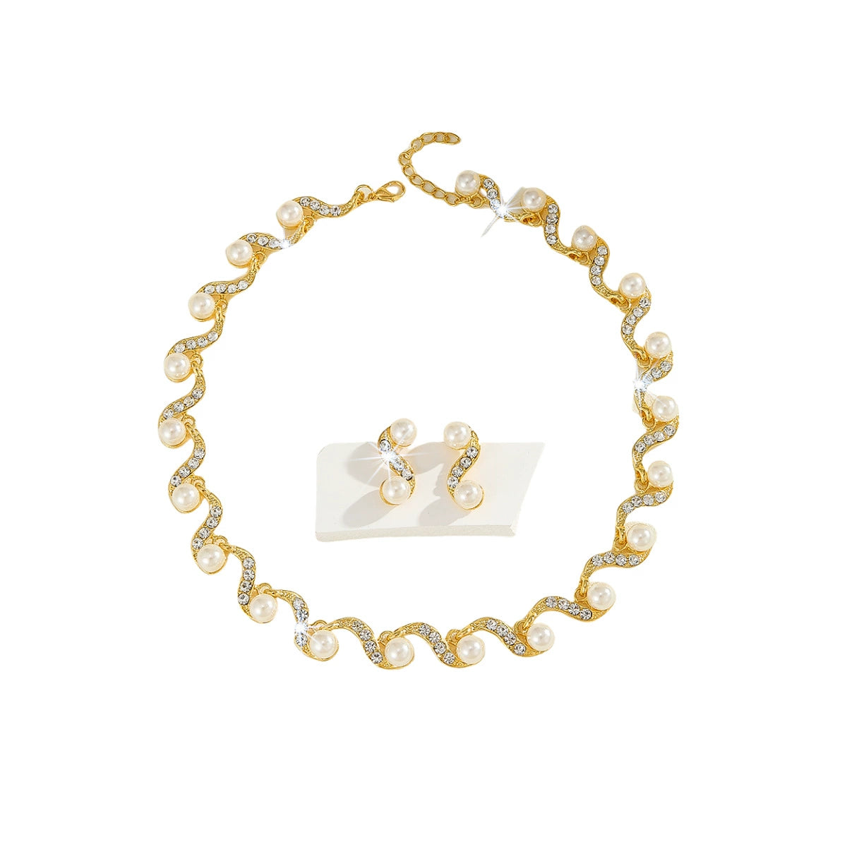 Parure de bijoux ras-du-cou ondulée en similicuir ornée de strass et de perles fantaisie, collier et clous d'oreilles