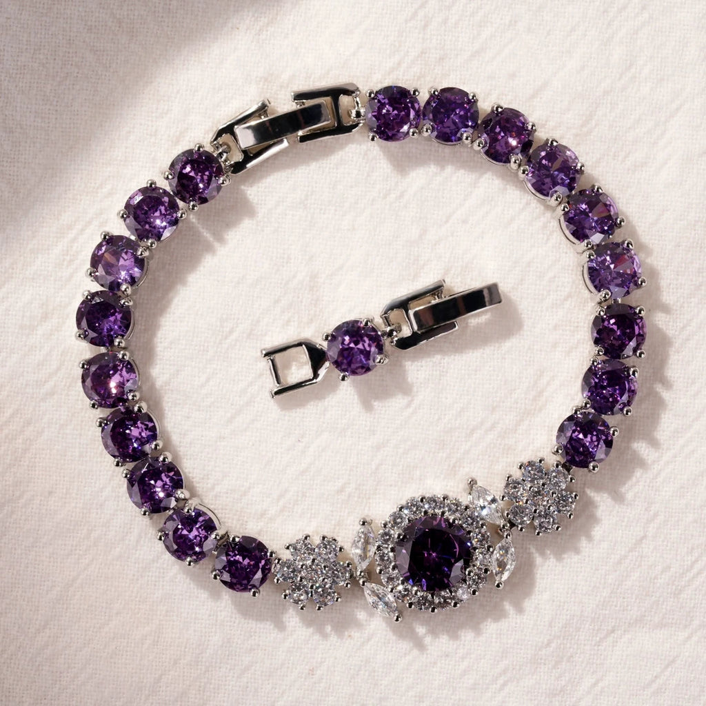 Luxury Round Amethyst Purple Cubic Zirconia Tennis Bracelet Floral Halo Central Gem Silver Plated Link Chain Extension Clasp Wedding Banquet Statement Bracelet For Women