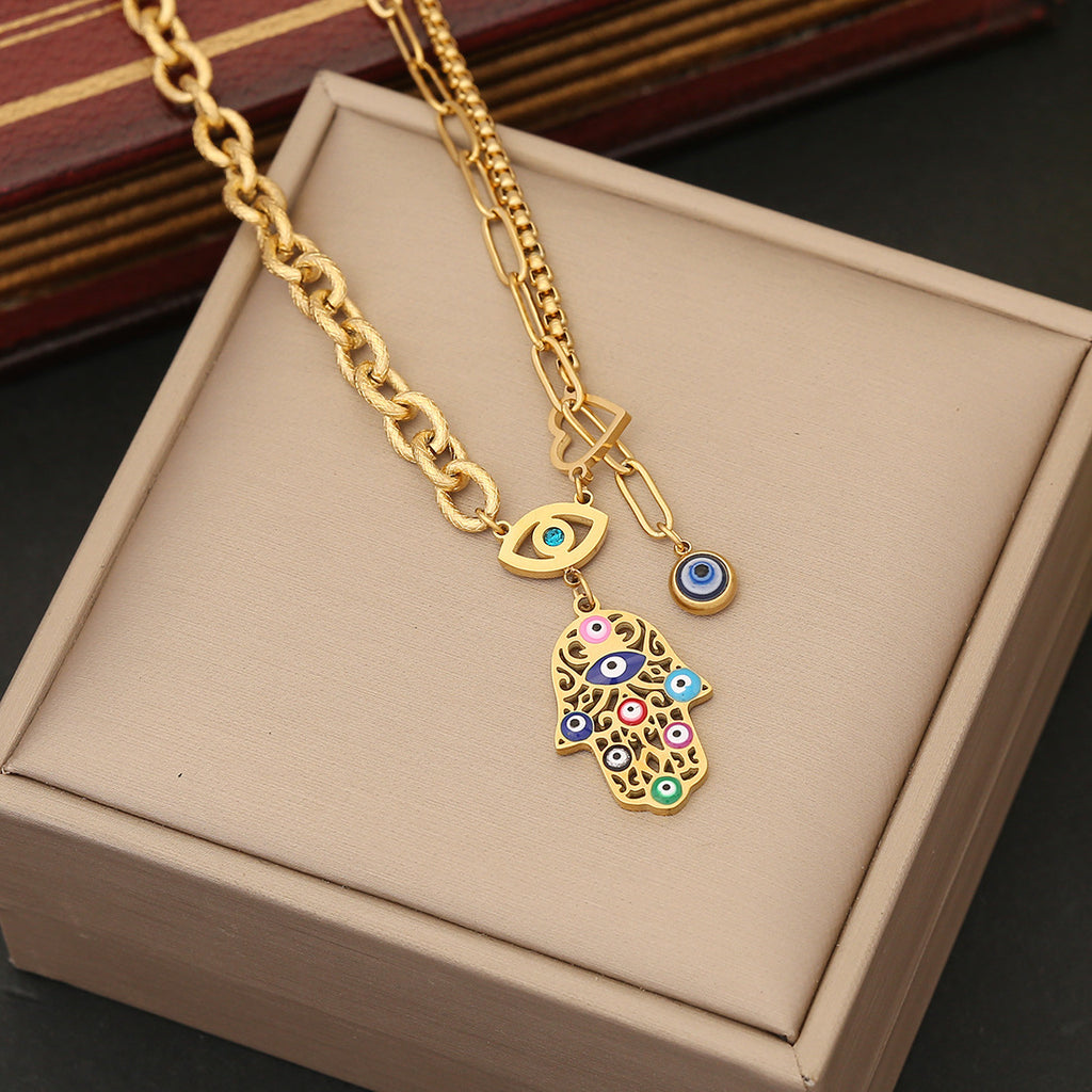 Boho Colorful Enamel Hamsa Hand Evil Eye Pendant Necklace, 18K Gold Plated Stainless Steel Chunky Link Chain Protection Charm Necklace For Women