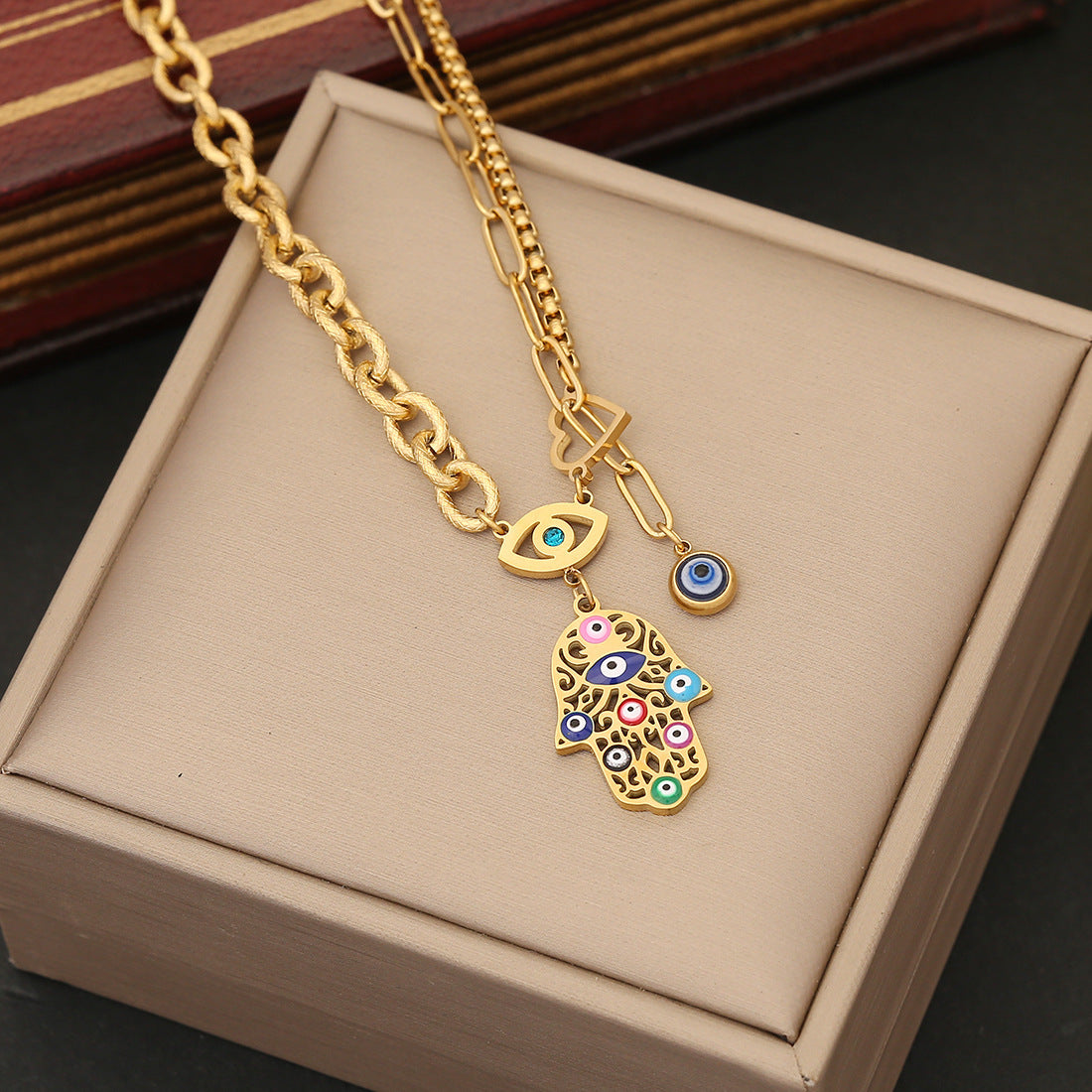 Boho Colorful Enamel Hamsa Hand Evil Eye Pendant Necklace, 18K Gold Plated Stainless Steel Chunky Link Chain Protection Charm Necklace For Women