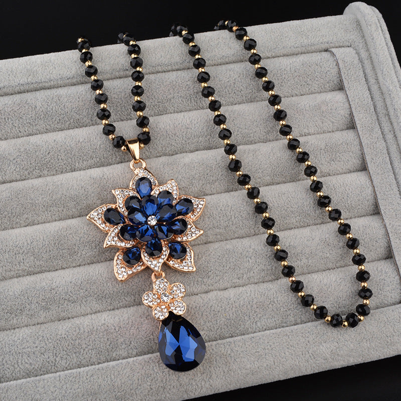 Floral Crystal Teardrop Pendant Long Sweater Necklace Black Bead Chain Gold Plated Women Vintage Jewelry