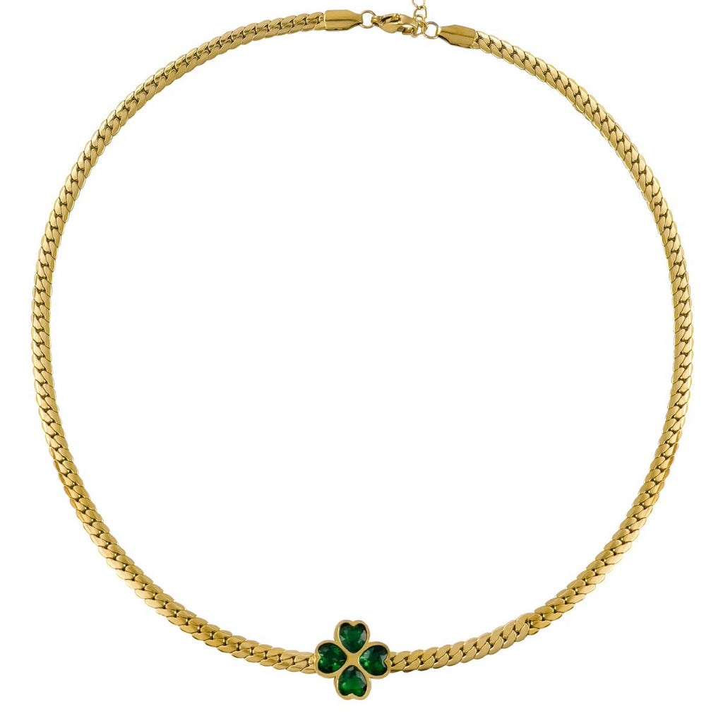 18K Gold Plated Stainless Steel Four Leaf Clover Jewelry Set, Tarnish Resistant Heart Emerald Zircon Cuban Chain Necklace Bracelet Hoop Earrings Set For Women