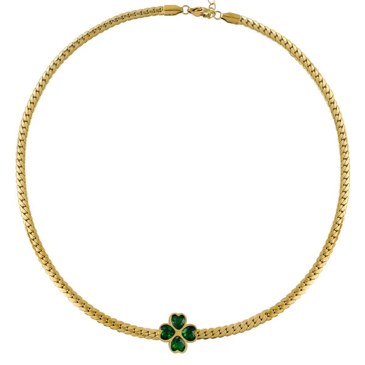 18K Gold Plated Stainless Steel Four Leaf Clover Jewelry Set, Tarnish Resistant Heart Emerald Zircon Cuban Chain Necklace Bracelet Hoop Earrings Set For Women