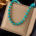 Boho Irregular Turquoise Bead Choker, Gold Spacer Beads Hypoallergenic Vintage Necklace