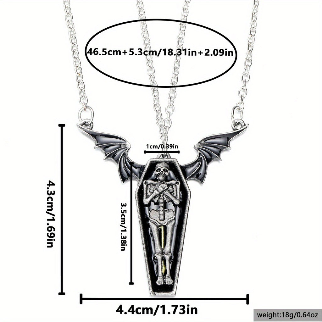 2Pcs Gothic Coffin Pendant Necklaces, Bat Wing Coffin Cross Necklace & Detachable Skeleton Body Pendant Necklace, Vintage Dark Punk Halloween Jewelry Set for Men Women