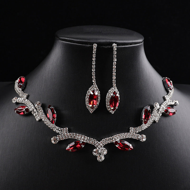 Leaf Branch Marquise Crystal Jewelry Set, Silver Rhinestone Choker Necklace & Long Drop Dangle Earrings Formal Accessory