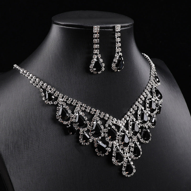 Teardrop Crystal Fringe Necklace Earring Jewelry Set, Formal Pageant Statement Jewelry