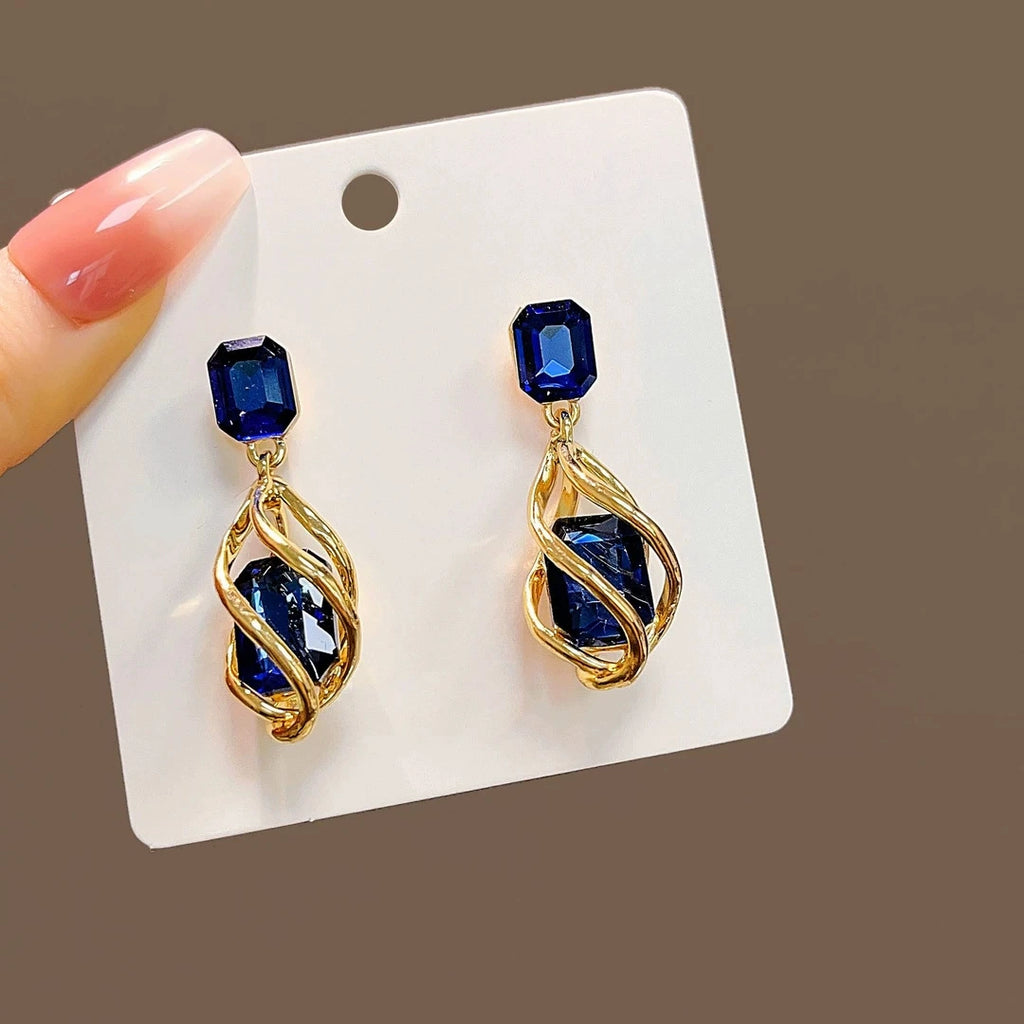 Twisted Spiral Wire Wrapped Sapphire Blue Crystal Drop Earrings 925 Sterling Silver Post Gold Plated Dangle Earrings Elegant Evening Party Jewelry For Women