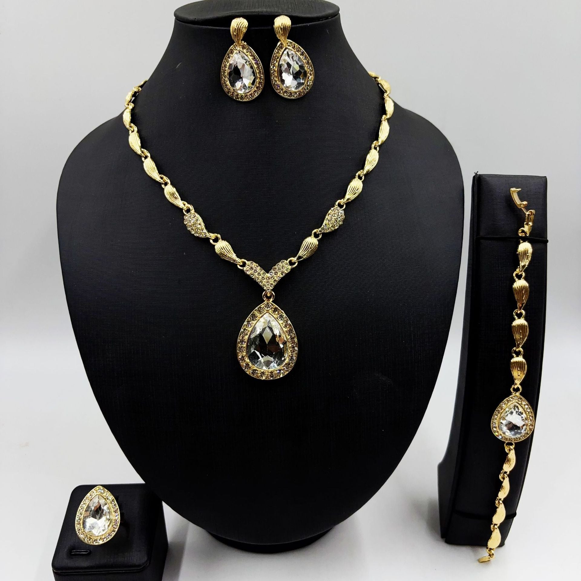 Teardrop Crystal Jewelry Set: Necklace, Earrings, Bracelet & Ring (6 Colors)