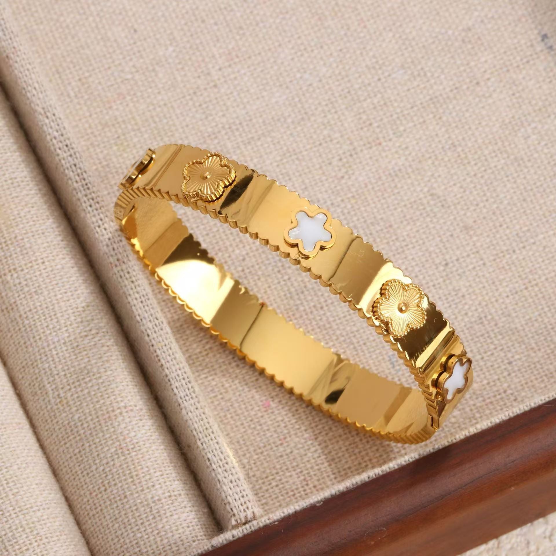18K Gold Plated Stainless Steel Clover Bangle Bracelet, Tarnish Resistant Enamel Five Leaf Flower Hinged Bangle Stackable Jewelry For Women