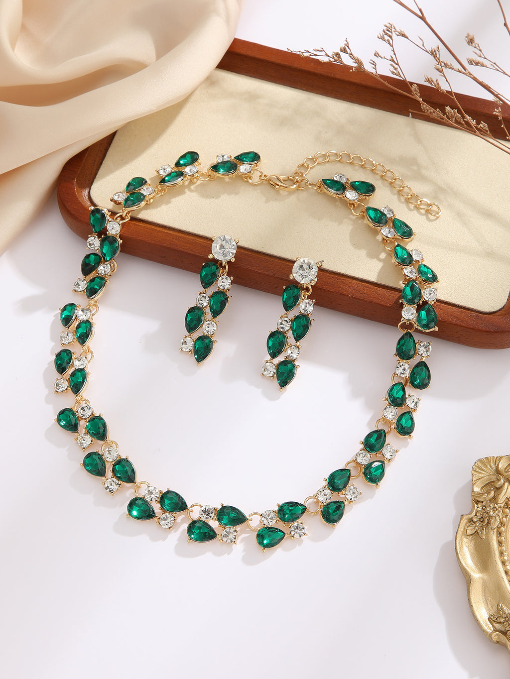 Teardrop Sapphire/Emerald Crystal Necklace & Drop Earring Formal Jewelry Set