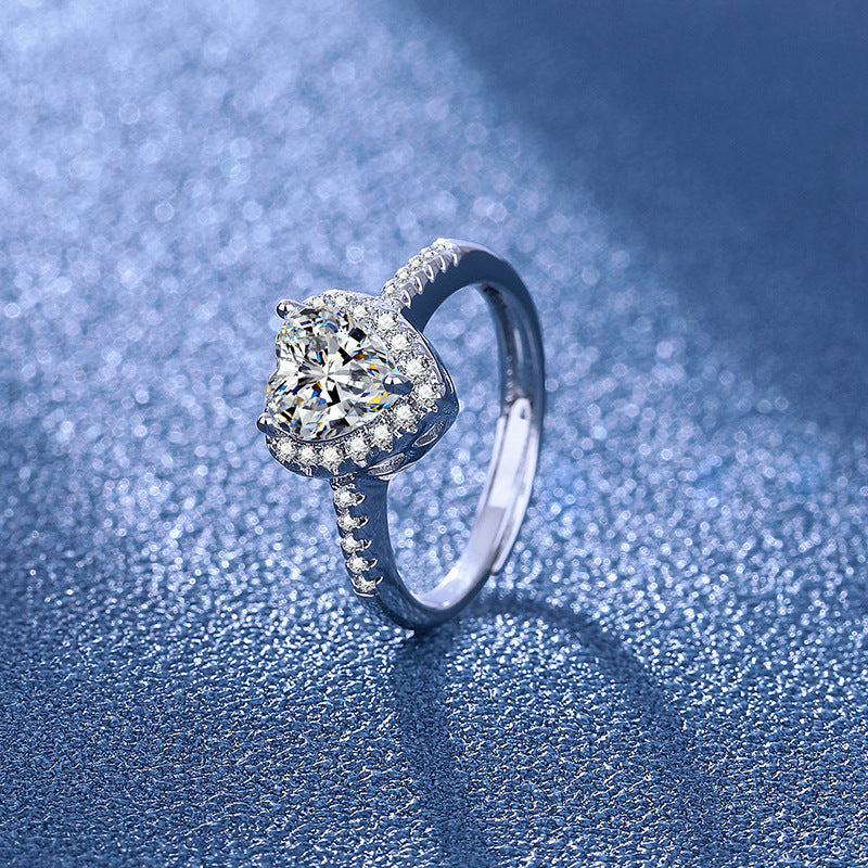 Heart Cut Moissanite Jewelry Set Adjustable Ring Stud Earrings Pendant Necklace Silver Plated Love Wedding Gift For Women