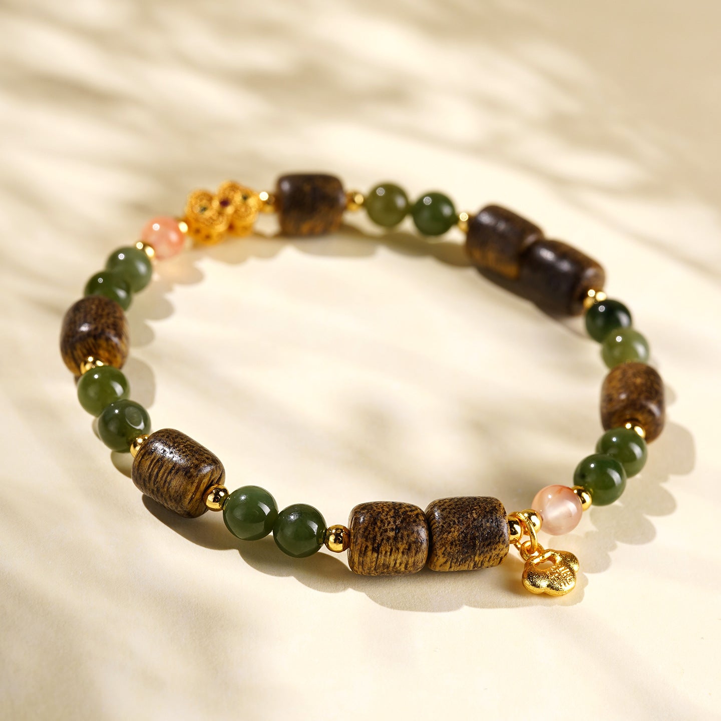 Natural Agarwood Barrel Bead Bracelet with Green Nephrite Jade, South Red Agate & Gold Ruyi Lock Charm, Elastic Chinese Vintage Bracelet for Men Women, Good Luck Meditation Bracelet