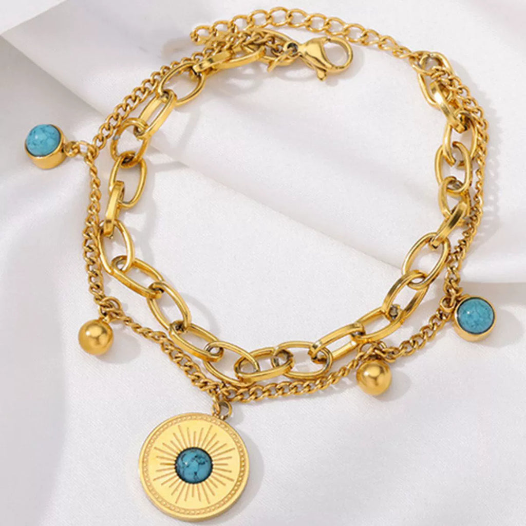 18K Gold Plated Stainless Steel Double Layer Turquoise Sun Coin Bracelet, Tarnish Resistant Boho Vintage Stackable Charm Bracelet For Women
